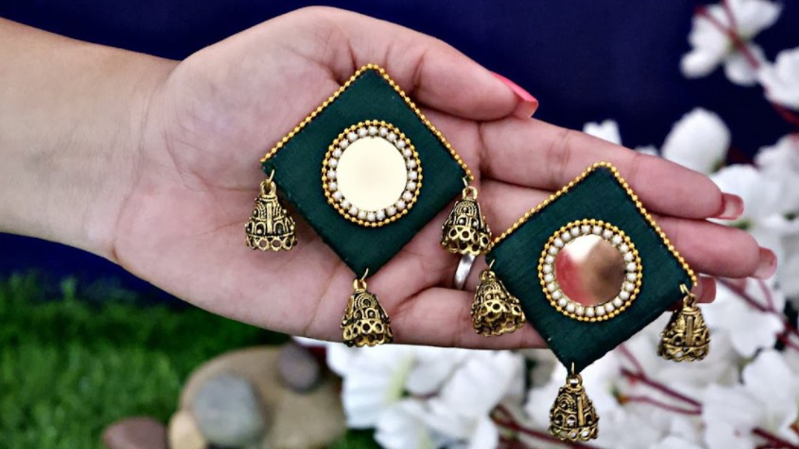 Rubans Gold Toned Mirror Studded Chandbali Earrings