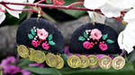 Black Fabric Rosy Embroidery Coin Earrings