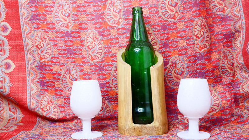 Bamboo Vertical Beer/Wine Bottle holder with Marble Glasses Combo