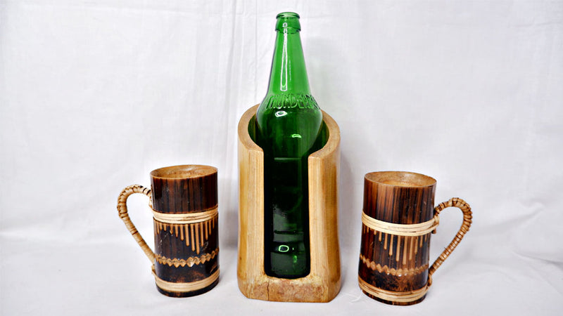 Bamboo Vertical Beer/Wine Bottle holder with Bamboo Mugs Combo