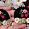 Black Fabric Rosy Embroidery Coin Earrings