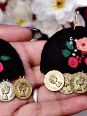 Black Fabric Rosy Embroidery Coin Earrings
