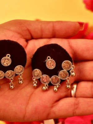 Blue Fabric Coin with ghungroo Earrings