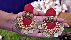 Maroon Halfmoon Tabiz with coin loreal Earrings