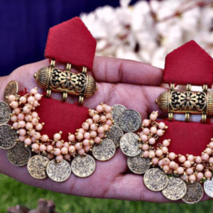Maroon Halfmoon Tabiz with coin loreal Earrings