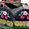Black Fabric Rosy Embroidery Coin Earrings