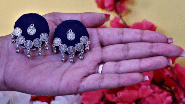 Blue Fabric Coin with ghungroo Earrings