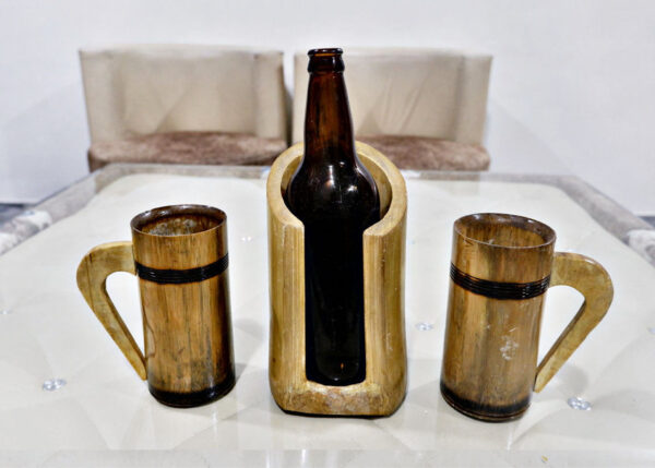 Bamboo Vertical Beer/Wine Bottle holder with Bamboo Mugs Combo