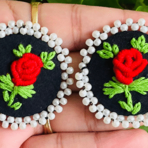 Black fabric rose embroidery stud
