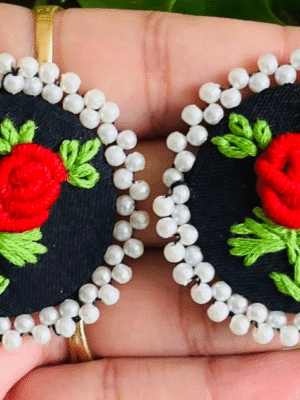 Black fabric rose embroidery stud