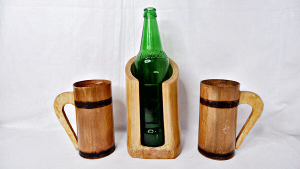 Bamboo Vertical Beer/Wine Bottle holder with Bamboo Mugs Combo