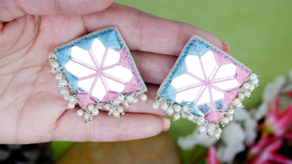 Earrings12-c Pink light green thread square mirror loreal