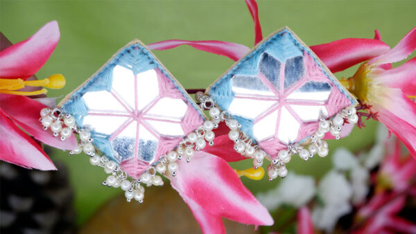 Earrings12-e Pink light green thread square mirror loreal