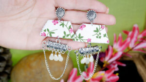 White printed fabric tabiz jhumka