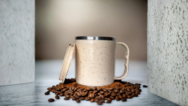 Eco mug made of wheat fibre and steel.