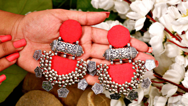 Red Halfmoon Tabiz with coin ghungroo Earrings