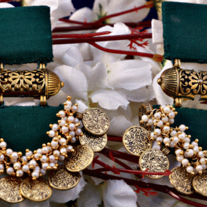 Green Halfmoon Tabiz with coin loreal Earrings