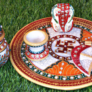 Marble Painted Puja Thal With Kalash Combo