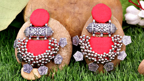 Red Halfmoon Tabiz with coin ghungroo Earrings